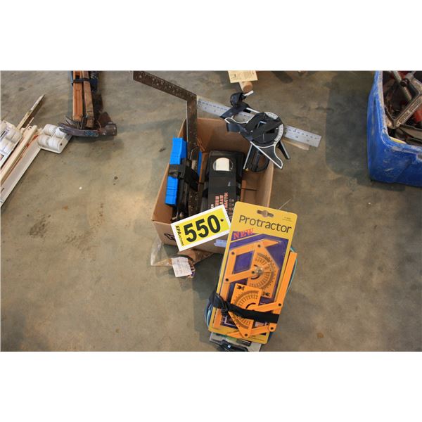 assorted calipers, angle finders and squares