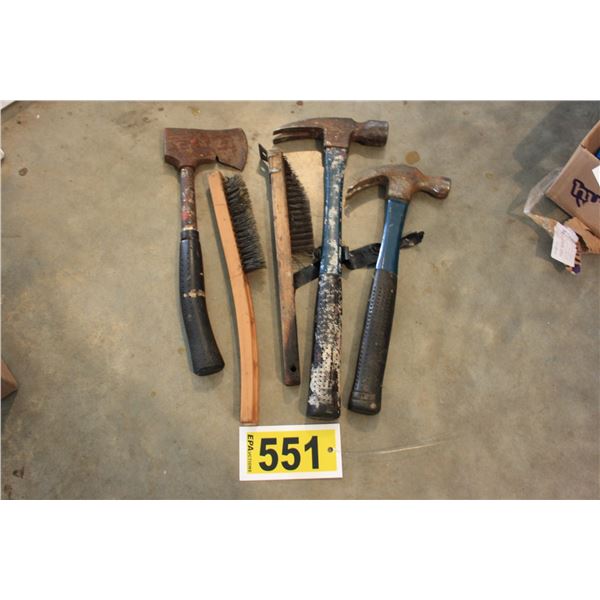 2 hammers 1 hatchet 2 wire brushes