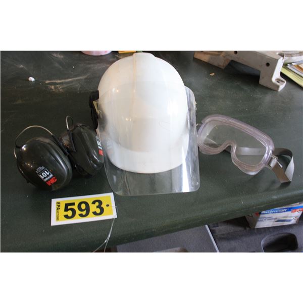hard hat with shield hearing protection and eye goggles