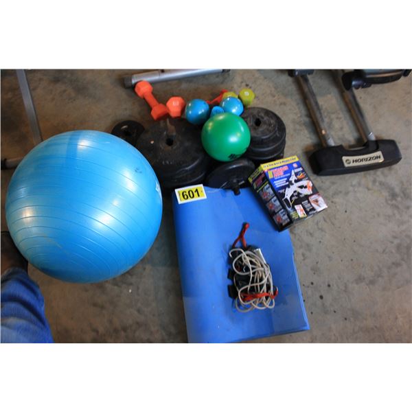 assorted weights and exercise equipment