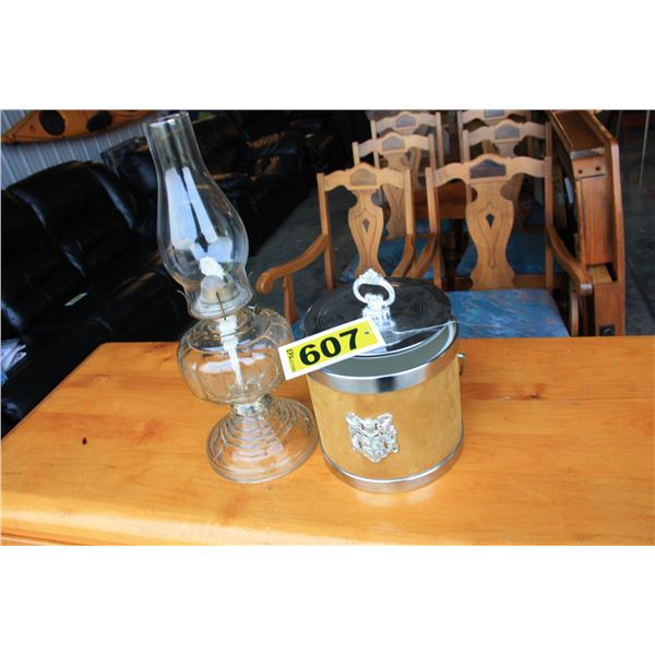 antique glass oil lamp and vintage ice bucket