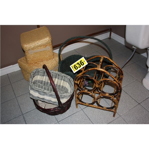 assorted baskets and toilet paper holder