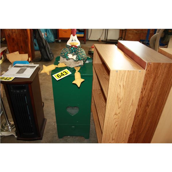 wooden onion bin and decorative chicken