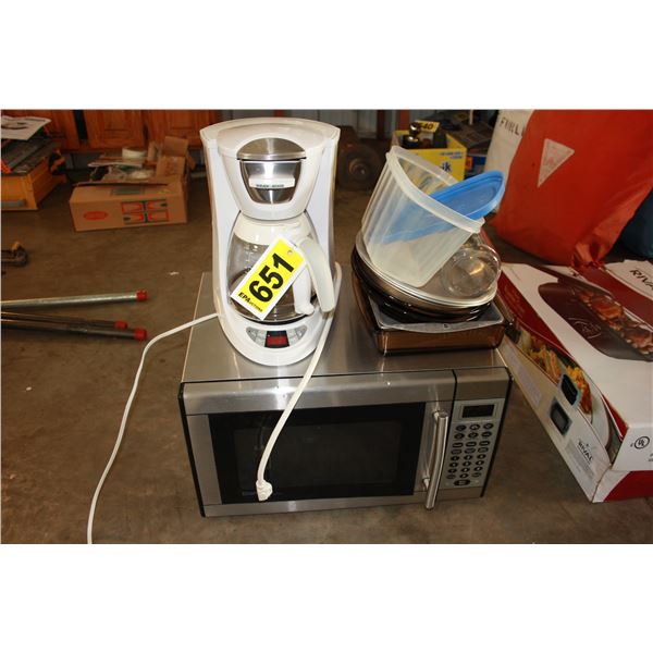 danby microwave, black and decker coffee pot, with assorted dishes