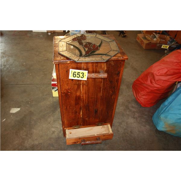 wooden garbage bin with garbage bag bottom drawer, and stain glass picture