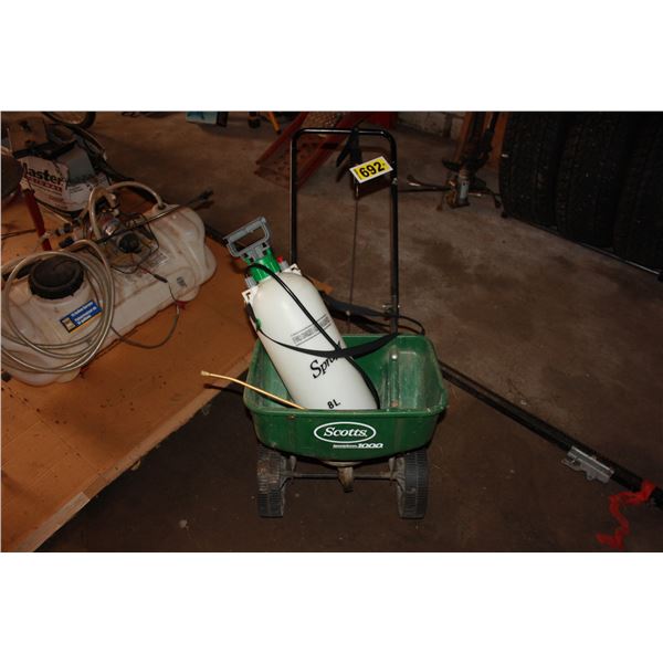 fertilizer spreader and 1 gallon hand sprayer