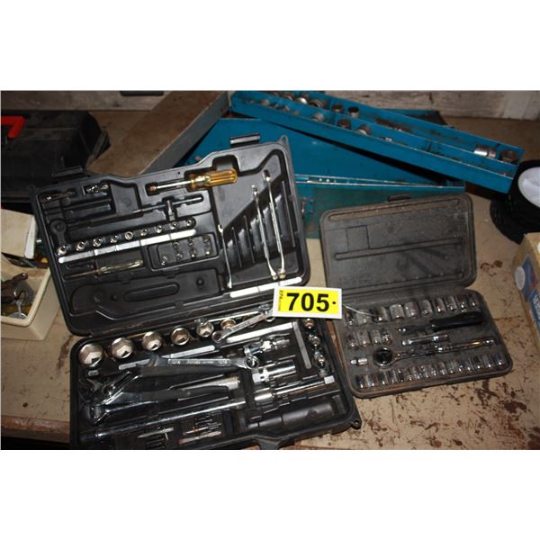 blue tool box with contents, tools and 2 socket sets