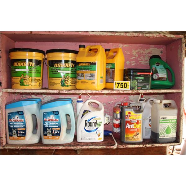 assorted chemicals, sidewalk salt, and concrete supplies