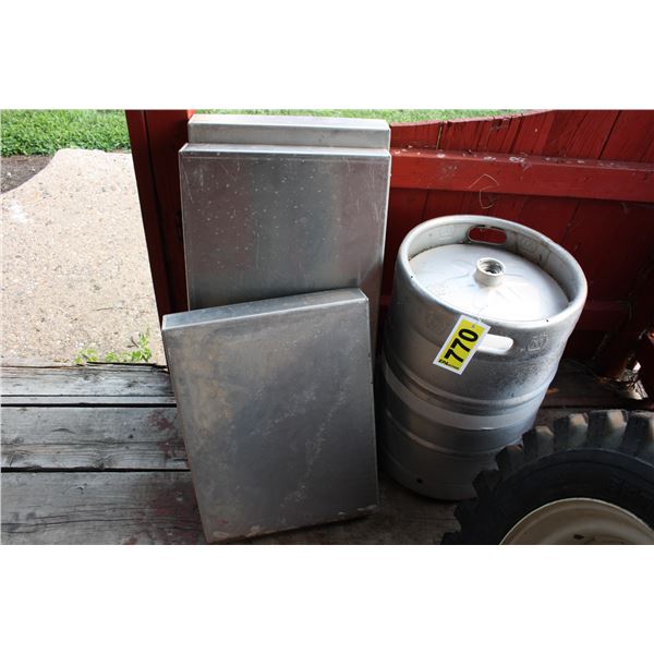 Aluminium trays and empty beer keg