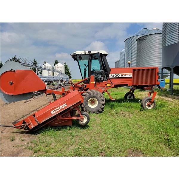 (GROUP LOT- 6,7,8 & 9) HESSTON 8100 Swather, 25', 2080 Hrs c/w UII Reels, CAHR, #8070777, Rear weigh