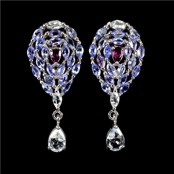 Natural  Aquamarine  Rhodolite  Garnet Tanzanite Earrings