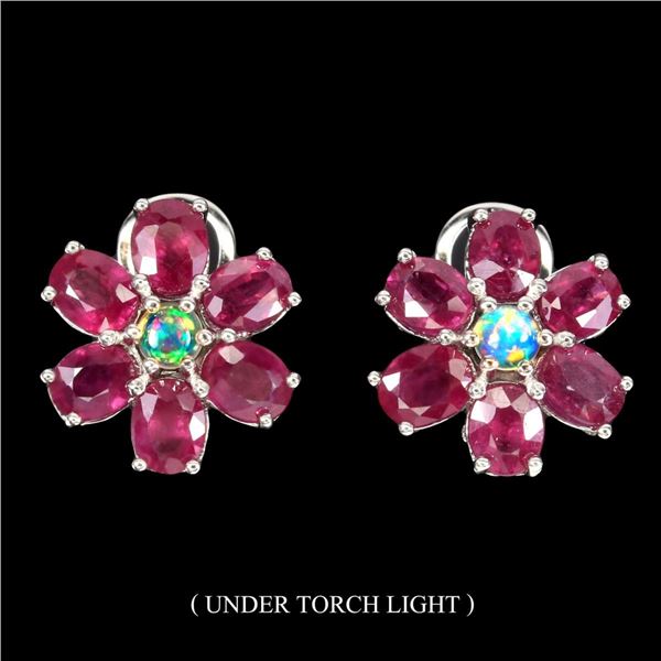Natural Pigeon Blood Red Ruby & Ethiopian White Opal Earrings
