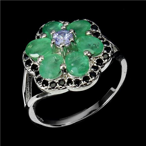 Natural Colombian Emerald Black Spinel Tanzanite Ring