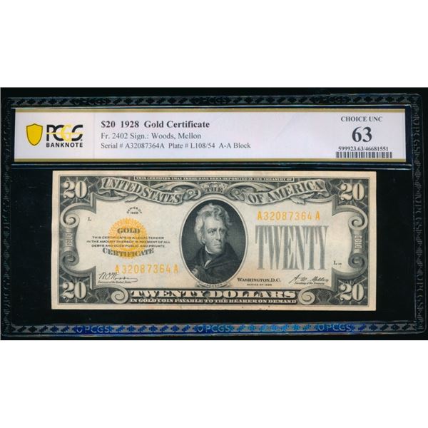 1928 $20 Gold Certificate PCGS 63