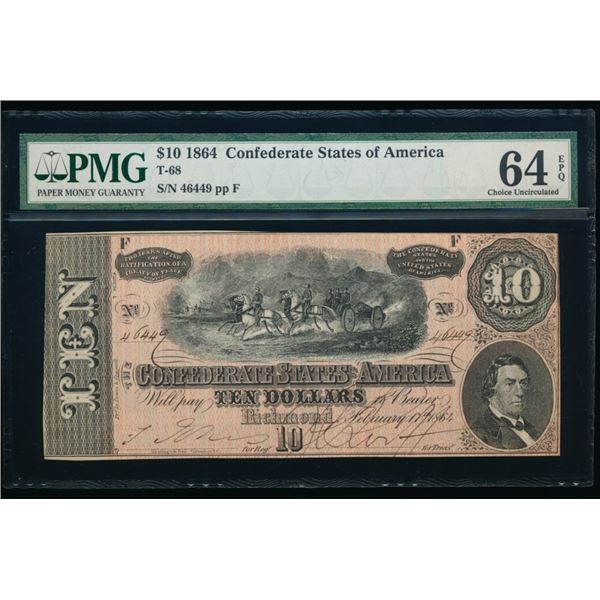1864 $10 T-68 Confederate PMG 64EPQ