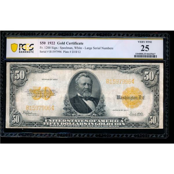 1922 $50 Gold Certificate PCGS 25