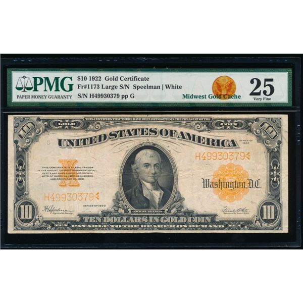 1922 $10 Gold Certificate PMG 25