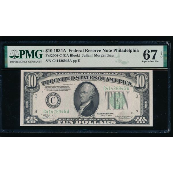 1934A $10 Philadelphia FRN PMG 67EPQ