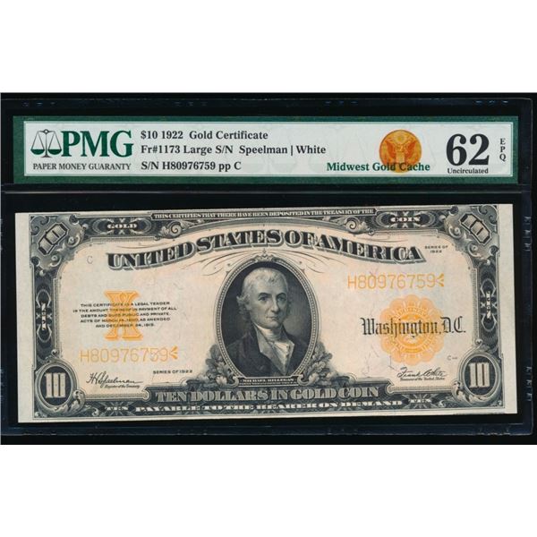 1922 $10 Gold Certificate PMG 62EPQ
