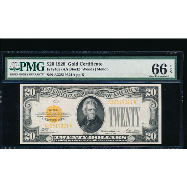 1928 $20 Gold Certificate PMG 66EPQ