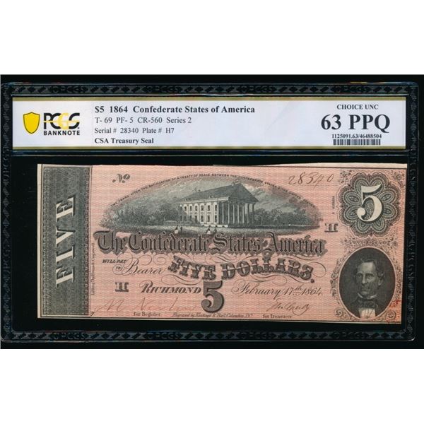 1864 $5 T-69 Confedeate PCGS 63PPQ