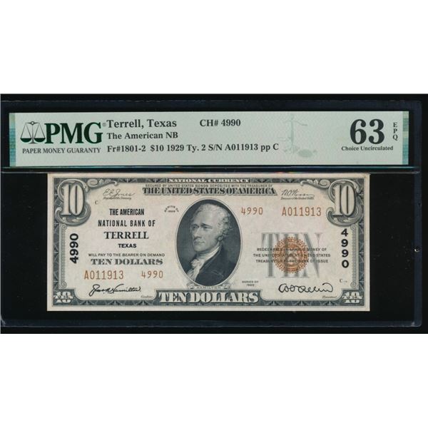 1929 $10 Terrell TX National PMG 63EPQ