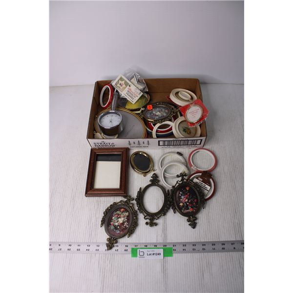 Desk Clock, Assorted Embroidery Frames, Picture Frames etc