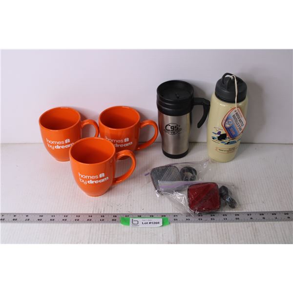 (3) Mugs, Travel Mug and New Canada Goose Stainless Steel Water Bottle &  reflectors