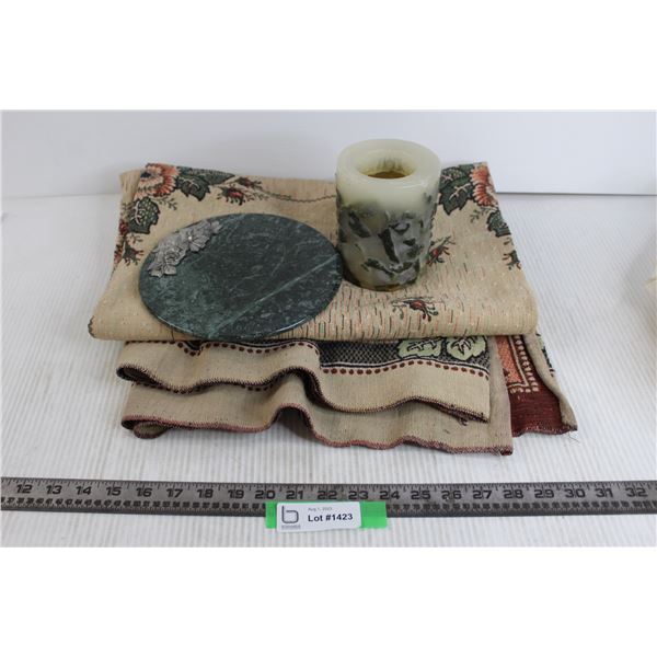 Autumn Tapestry Tablecloth, Raw Jade Stone Candle, Jade and Silver Trivet (Not Authenticated)