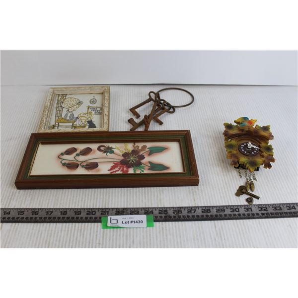 German Coo-Coo Clock and Key, Metal Keys, Bonnet Girl Picture, Pressed Feather Flowers