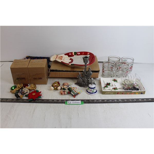 Vintage Christmas Assortment (Place Holders, Candle Holder (Pewter), Tray, Bell, Mugs, Wine Charms, 