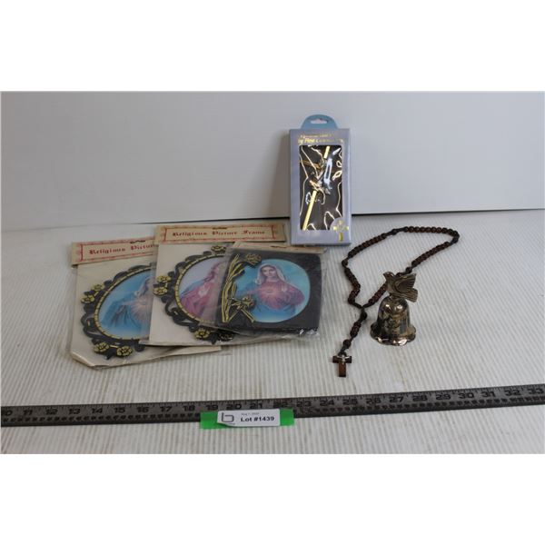 (3) Religious Picture Frames, Wood Bead Rosary, First Communion Cross, Bell with Bird