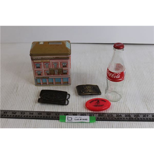 Coca-Cola Pharmacy Tin & Assorted Advertising Collectibles, Small Bottle Lotto Belt Buckle