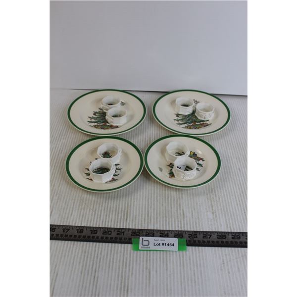 (4) Spade Christmas Tree Plates, (8) Floral Napkin Rings