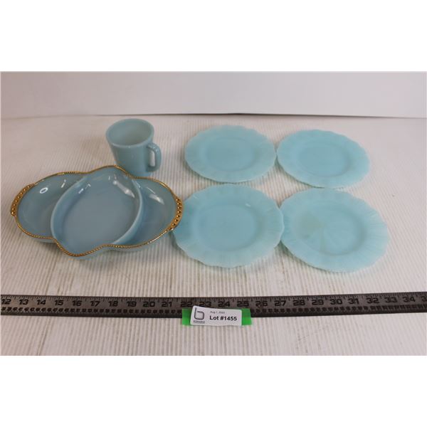 Blue Delphite Fire King Serving Tray and Mug, (4) Blue Azure Pyrex Dessert Plates (Crown Design)