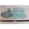 Image 1 : Blue Delphite Fire King Serving Tray and Mug, (4) Blue Azure Pyrex Dessert Plates (Crown Design)