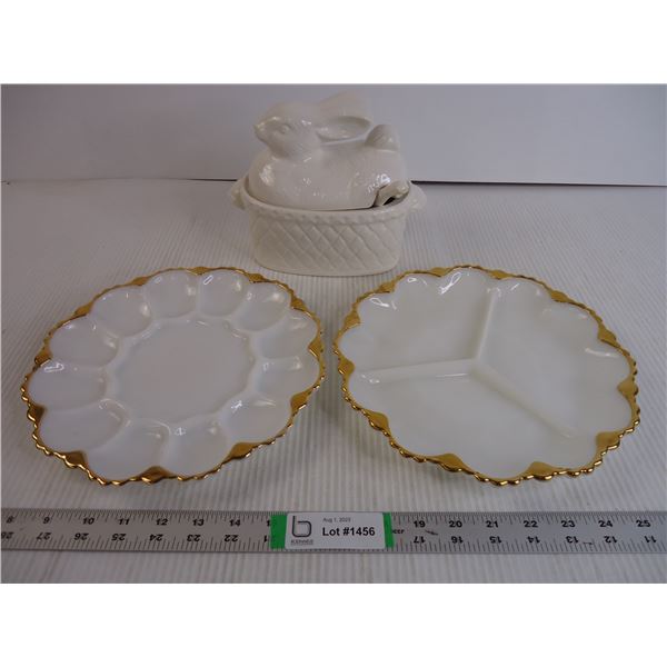 (2) Fire King Milk Glass Serving Trays and (1) Rabbit Tureen and Spoon