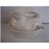 Image 4 : (2) Fire King Milk Glass Serving Trays and (1) Rabbit Tureen and Spoon