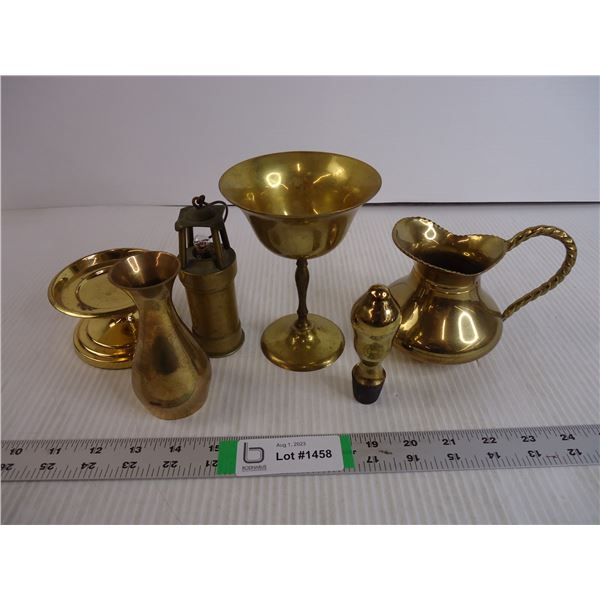 (6) Pieces of Vintage Brass-Hanging Light, Bottle Stopper, Goblet, Jug, Vase, Pillar Candle Holder