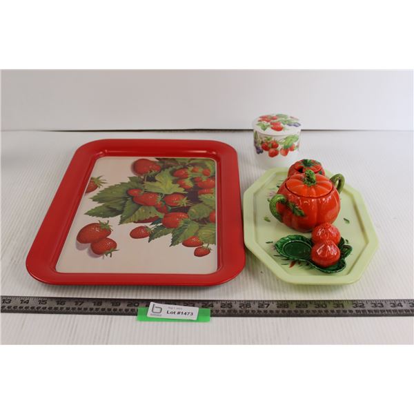 Strawberry Metal Serving Tray, Armchair Tray, Strawberry Jam Jar with Lid and Salt and Pepper Shaker