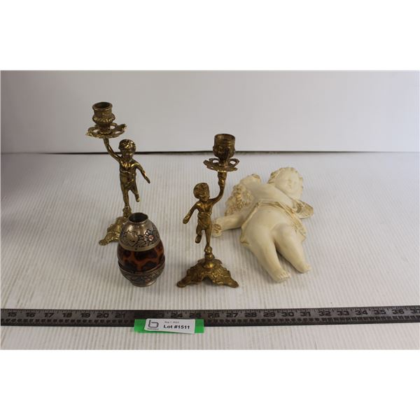 Chalkware Cherub, Mini Vase, (2) Brass Cherub Candlesticks