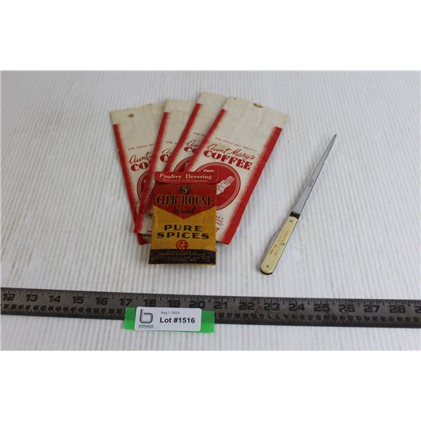 (4) Aunt Mary's Coffee Bags, Club House Brand Pure Spices, Letter Opener