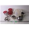 Image 1 : Assorted Kitchen Items - Storage Jars, Measuring Cups, Misc.