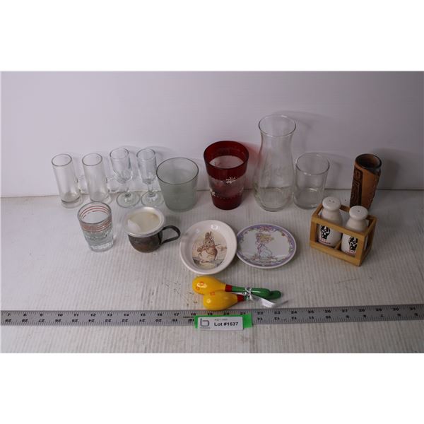 Assorted Items - Glasses, Salt and Pepper Shakers, Plates