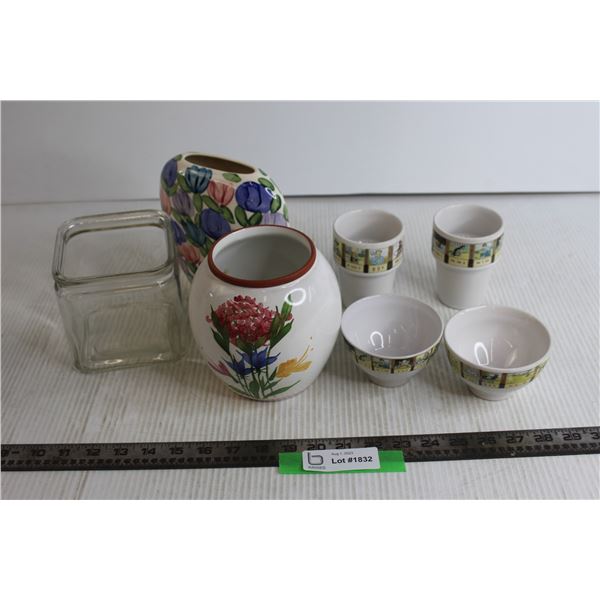 (3) Misc. Vases, (2) Cups and (2) Bowls Set