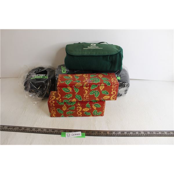 (3) Toque Packs (1 Opened), City of Saskatoon Blanket, Christmas Wrapped Boxes