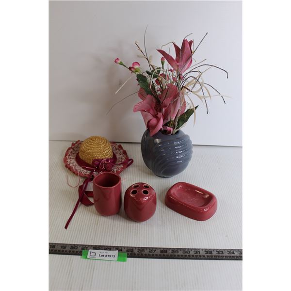 Bathroom Decorations (Toothbrush Holder with Cup, Fake Flowers in Vase, Wicker Hat)