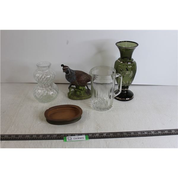 (2) Vases, Bird Decoration, Misc.