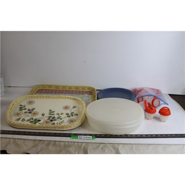 Bag of Rubber Containers, Plastic Bowl, Plate, (2) Trays