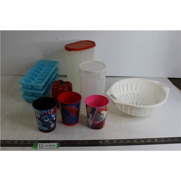 Misc. Kitchen Supplies ([3] Ice Cube Trays, [3] Cups [Disney Princess, Superman, NHL], Misc.)